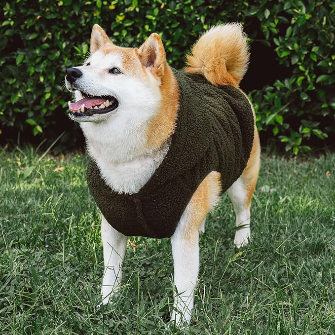 Tuff Pupper Fleece Dog Hoodie Sweater | Teddy Sherpa Outer & Soft Polar Fleece Lining | Adjustable Fit Winter Coat with Hood, Leash Hole, Ribbed Cuffs | for Small Medium Large XL XXL Dogs (Olive, M)