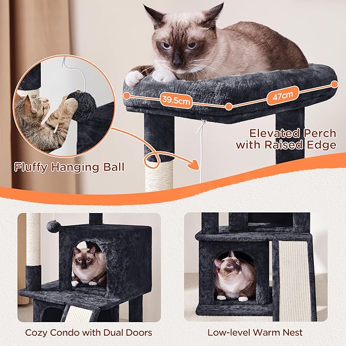 Yaheetech Cat Tree for Indoor Pets, 36in Tower Condo w/Extra Large Perch, Scratching Posts, Board, Dangling Ball, Play Structure for Kittens & Adult Cats, Graphite Gray