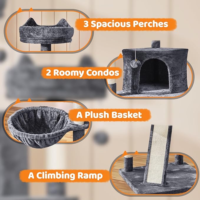 Topeakmart Large Cat Tower Cat Tree with Caves Condos, Platforms Scratching Board & Scratching Posts as Cat Activity Center, Pet Play House