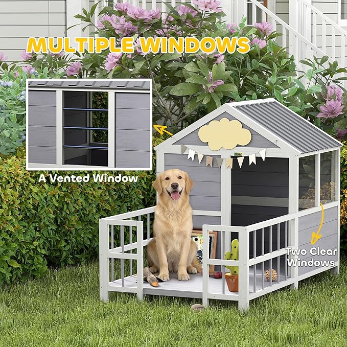 PawHut Dog House Outdoor Indoor, 61" x 41" x 47" Wooden Dog Shelter with Porch, Weatherproof Roof, Elevated Floor, Air Vents & Observation Windows, Large Pet Shelter for Small Medium Large Breeds