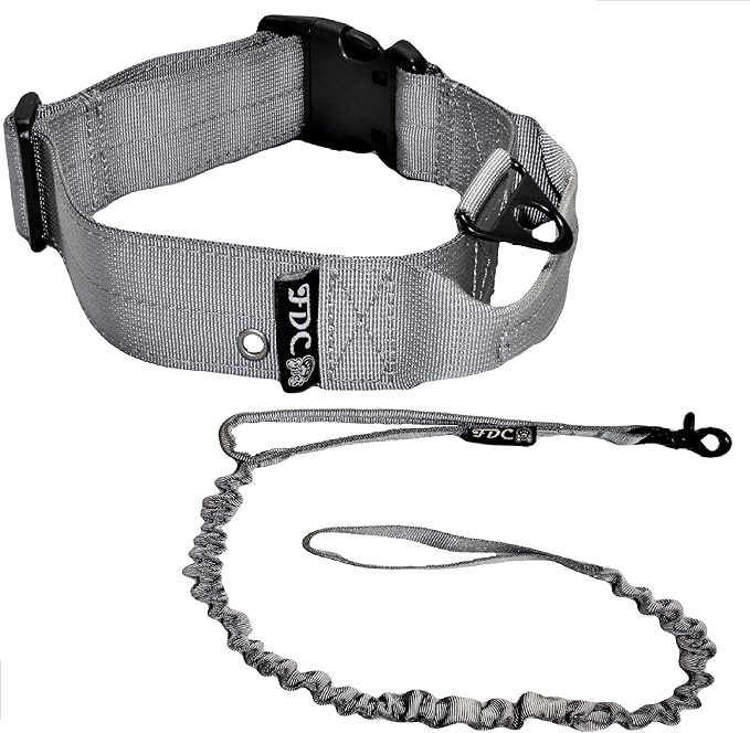 FDC Dog Tactical Collar with Leash Bungee Handle Heavy Duty Training Military Army Molle Width 1.5in Plastic Buckle TAG Hole Medium Large M, L, XL, XXL (XXL: Neck 20" - 24", Grey)