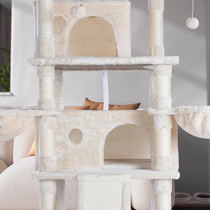 WEEWAY 68 Inches Multi-Level Large Cat Tree for Feline‌/Big Tower/Condo/Cozy Plush Kitty Perches/Fluffy Balls/Sisal Scratching Posts and Hammocks/Cave/Furniture Activity Center/Beige