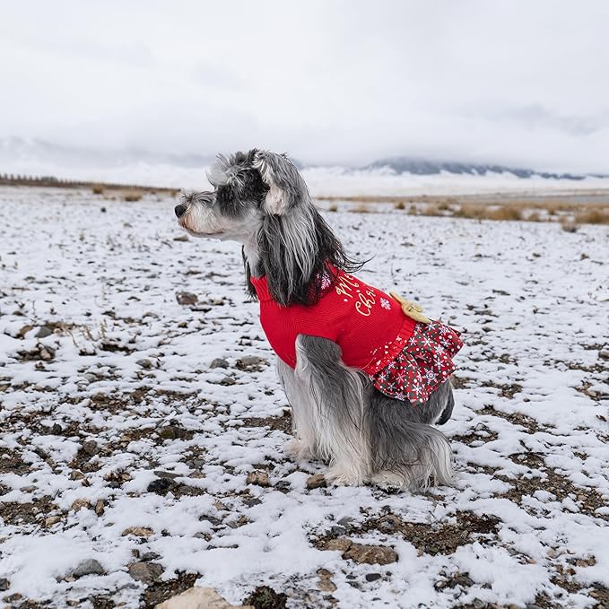 CuteBone Christmas Dog Sweater Dress Turtleneck Puppy Sweater with Bowtie Harness Hole Pullover Winter Dress for Medium Dogs