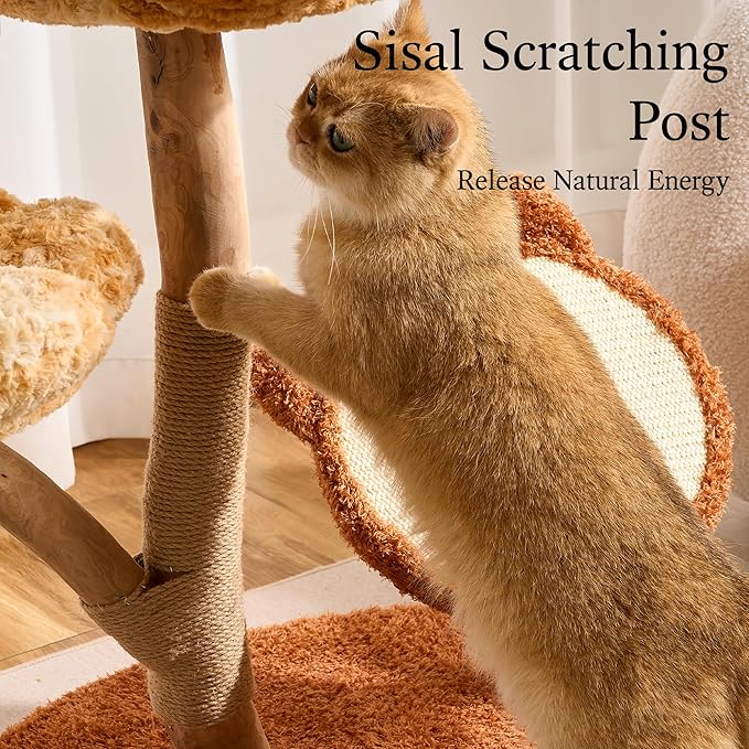 797Audio Natural Wood Flower Cat Tree, Modern Cat Tower with Real Solid Wood Branch, Luxury Aesthetic Cat Tree with Scratching Post,Scratch Pad,Cat Tree Tower for Indoor Large Adult Cats,Autumn Yellow