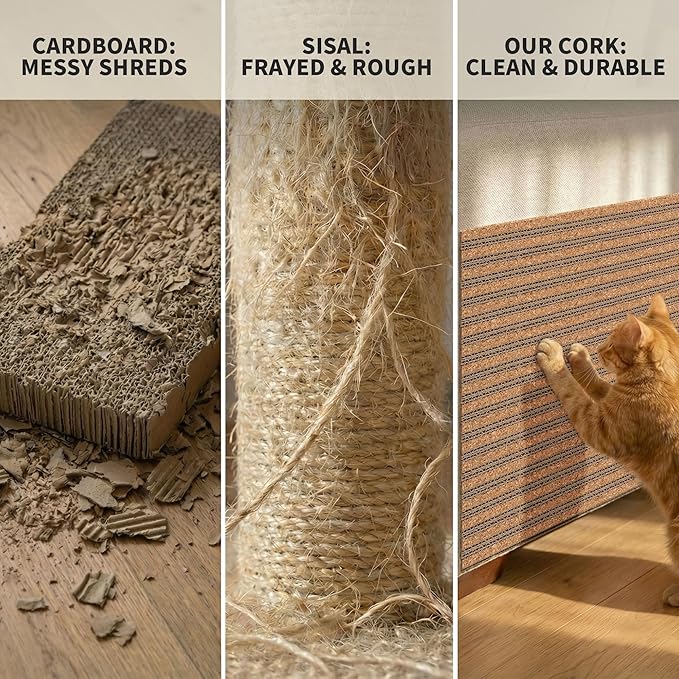 Self-Adhesive Cork Cat Scratcher Mat, 40x12 Inch Cut to Size, Long-Lasting Durable Cat Scratching Pad for Couch, Natural Furniture Protector for Indoor Cats