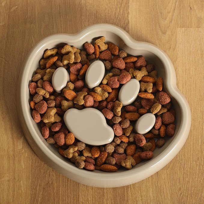 Gibson Home Curious Canines 9” Slow Feeder Dog Bowl, Paw Shaped Melamine Anti-Gulp Pet Bowl, Non-Slip, Dishwasher Safe, Taupe