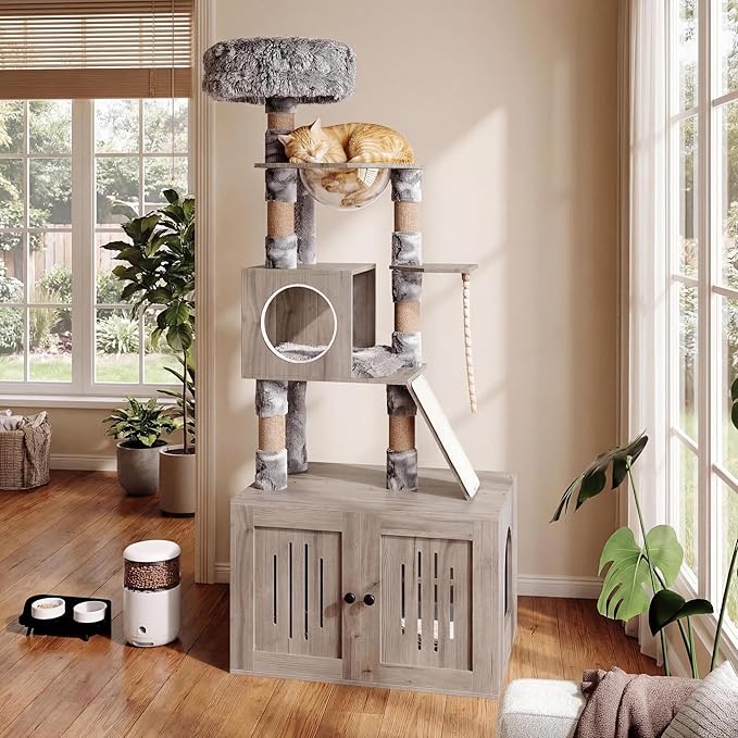 66.9" Tall Cat Tree with Litter Box Enclosure, Cat Tower with Sisal Scratching Posts & Soft Plush Perch, Wooden Cat Furniture Corner, Cat Tree with Multiple Platforms