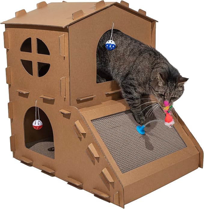Cat House - Cardboard Cat House with Scratching Pads, Toys, and Catnip - Multi-Level Cat Houses for Indoor Cats, Kittens and Small Animals by PETMAKER