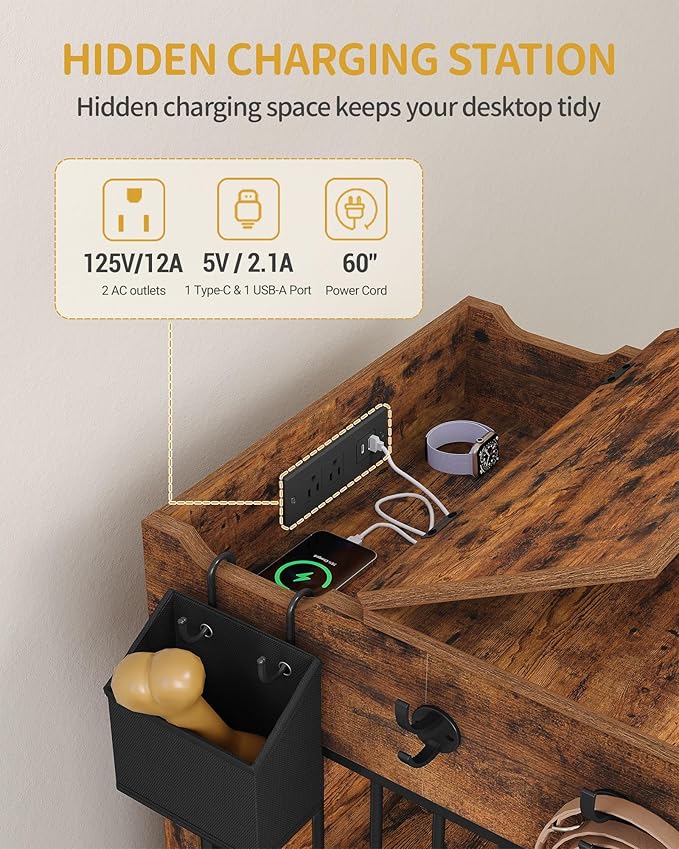 24.6'' Dog Crate Furniture with Charging Station, Dog Kennel Indoor with Flip-Top Storage, Wooden Pet Cage Dog House End Side Table for Small Dog Anti-Chew Anti-Escape, Rustic Brown DFC90101B
