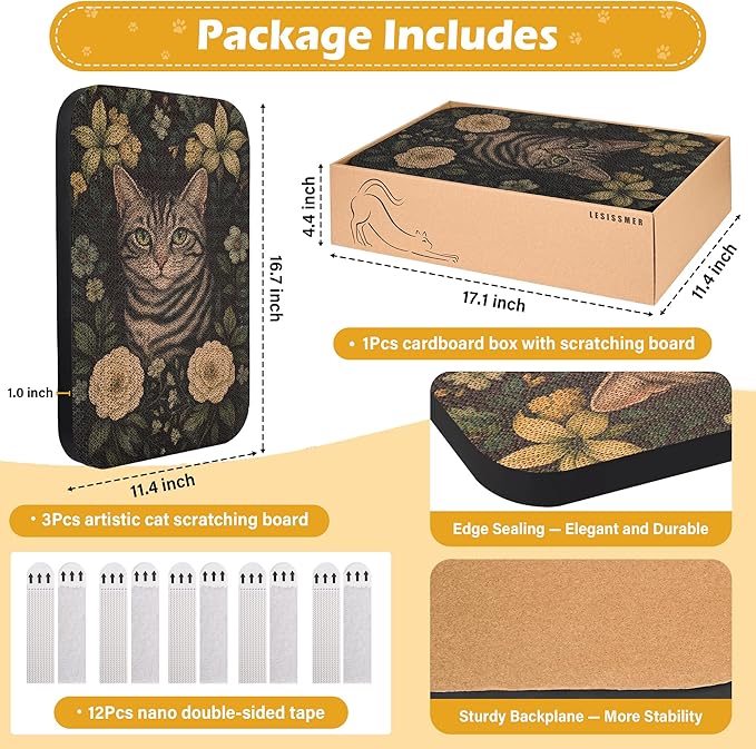 Art Cat Scratcher, 3 Packs Wall-Mountable Art Cat Scratching Board with Box, Cat Wall Scratcher, Cat Scratchers for Indoor Cats Toy Furniture Protector（Elephant&Cat&Panda）