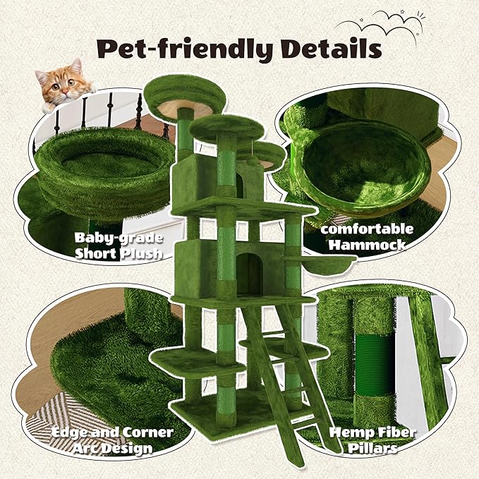 70.87" Cat Tree for Indoor Cats, Multi-Level Cat Tower with 2 Private Condos, 3 Perches & Hanging Hammock, Natural Sisal Scratching Posts, Stable for Multi-Cat Families, Kittens to Seniors (Green)