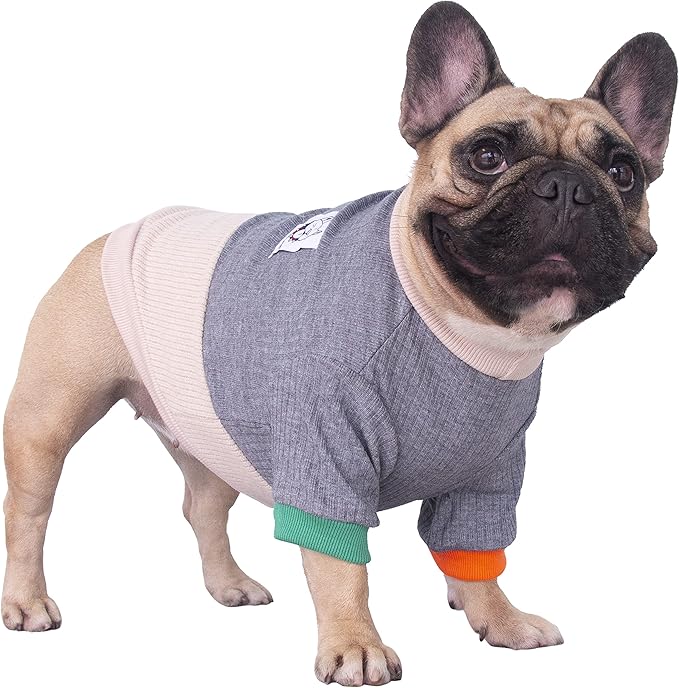 iChoue Pet Dog Crewneck Sweater Color Block Pullover Winter Warm Clothes for English Bulldog Bully Pitbull - Grey and Yellow/XLarge