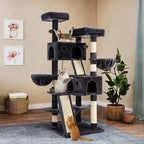WEEWAY Cat Tree Tower for Indoor Cats,65'' Multi-Level Cat Furniture Activity Center,Stand House Condo Cave,Sisal Scratching Posts Ramps,Plush Perches Platforms Basket Hammock, Dark Grey