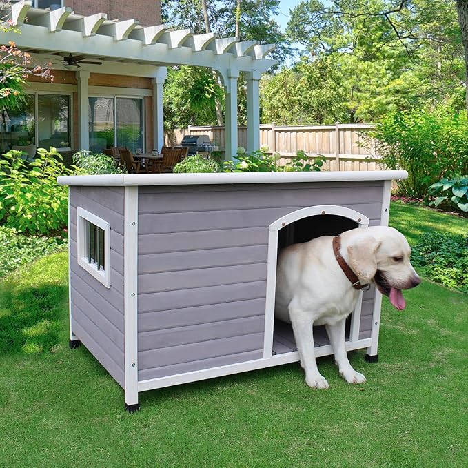 40" Wooden Outdoor Dog Houses, Waterproof Dog House Outside with Window & Door Flap Waterproof Dog House Outdoor Indoor, Assemble Easily-Grey