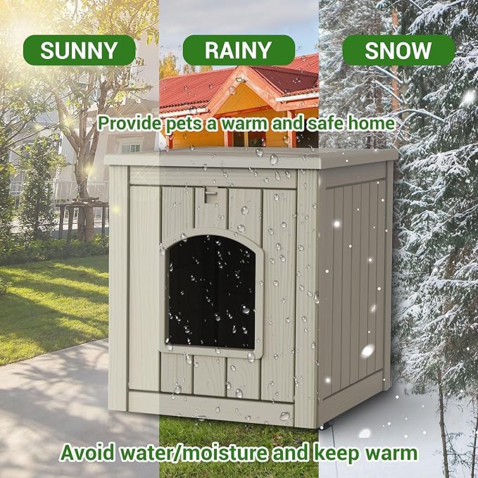 DRATO Outdoor Indoor Dog House,Resin Material Ventilate Waterproof Added to The Bottom,Multi-Functional Pet House for Small to Medium Dog (Light Brown, Medium)