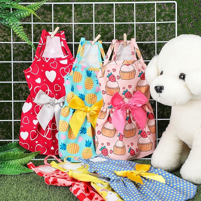 Frienda 6 Pieces Bowknot Princes Puppy Dog Dress Floral Vest Skirt Summer Pet Dress Dog Cute Rosette Sundress Apparel for Puppy Cat Pet(S)