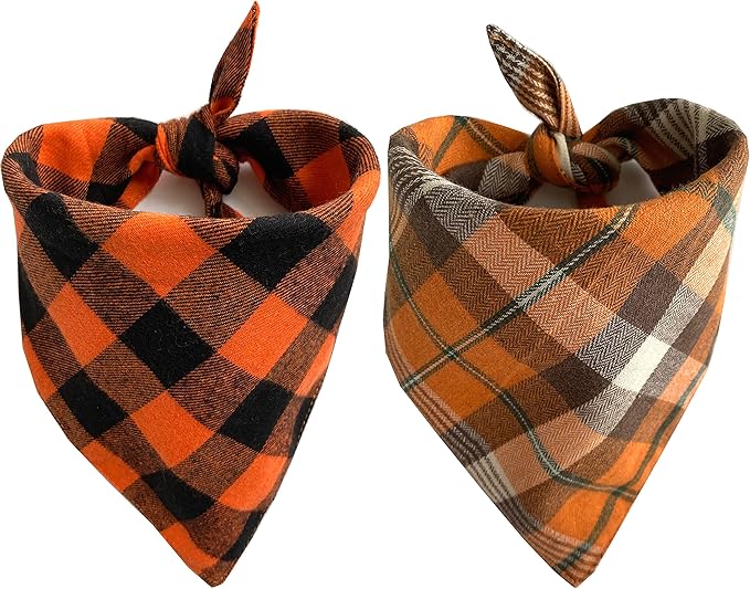 Realeaf Fall Thanksgiving Dog Bandanas 2 Pack, Orange Plaid Pet Scarf for Boy and Girl, Premium Durable Fabric, Holiday Halloween Bandana for Large and Extra Large Dogs (X-Large)