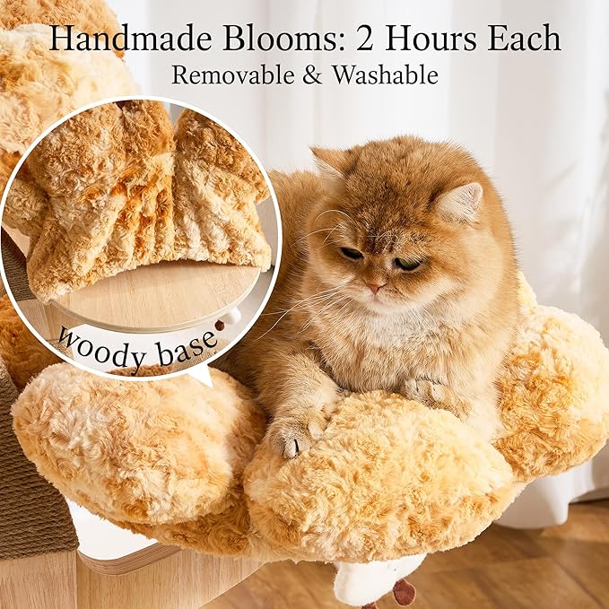 797Audio Flower Cat Tree, 37" Wood Branch Cat Tower, Pink Cloud Cat Tree with Scratching Post for Indoor Adult Cats, Luxury Cat Tree with Mushroom Cat Scratcher & Interactive Squeaky Toy