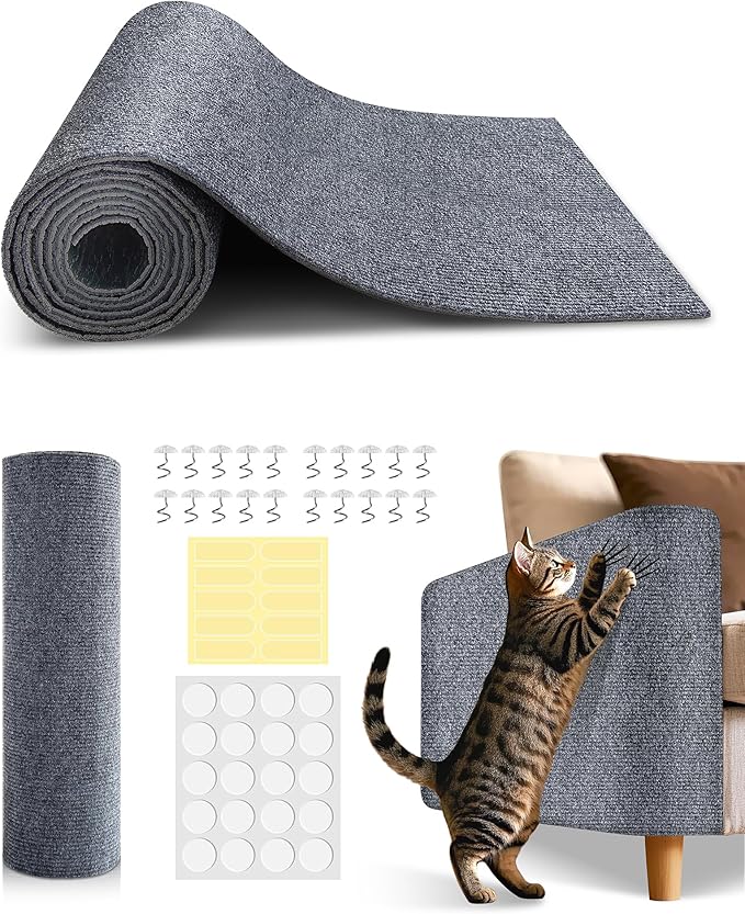 Anti Cat Scratch Furniture Protector,Durable Couch Protector from Cat Claws,Trimmable DIY Cat Scratch Carpet Mat for Leather,Sofa,Wall,Couch Corner and Cat Tower,78.7"x15.8"Self-Adhesive.(Light Gray)