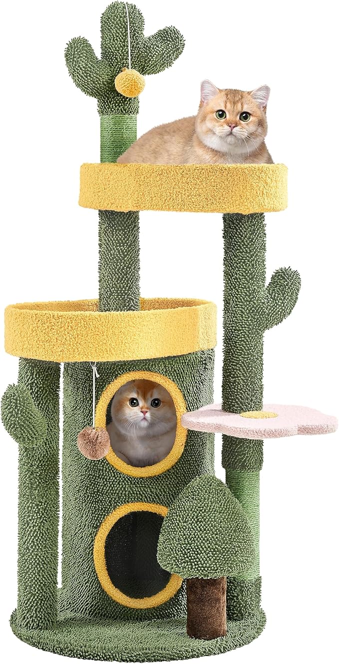 Yaheetech 48in Cactus Cat Tree with Flower-Themed Perches, Multi-Level Platforms, Condo, Scratching Posts & Dangling Balls
