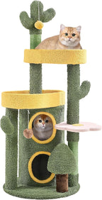 Yaheetech 48in Cactus Cat Tree with Flower-Themed Perches, Multi-Level Platforms, Condo, Scratching Posts & Dangling Balls
