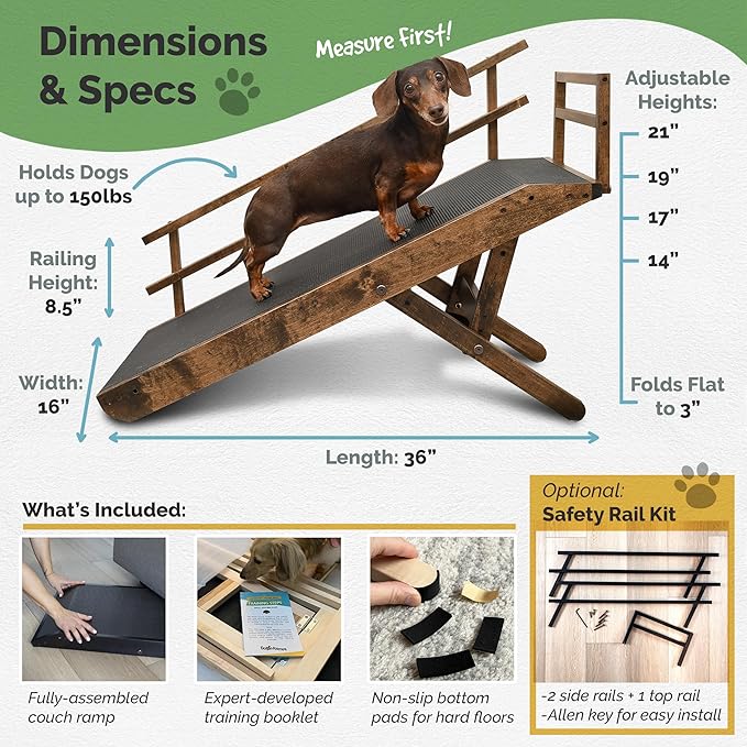 DoggoRamps Dog Ramp with Rails for Couch - Adjustable from 14" to 21" with Anti-Slip Grip & Convenient Platform Top - for Dogs up to 150lbs - Made of Solid Wood in North America