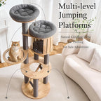 797Audio Wood Modern Cat Tree, 61.5" Tall Cat Tower with Sisal Scratching Posts, Cat Condo, Capsule and Ladder, Solid Wooden Aesthetic Multi-Level Cat Climbing Tree for Large Adult Indoor Cats-Gray