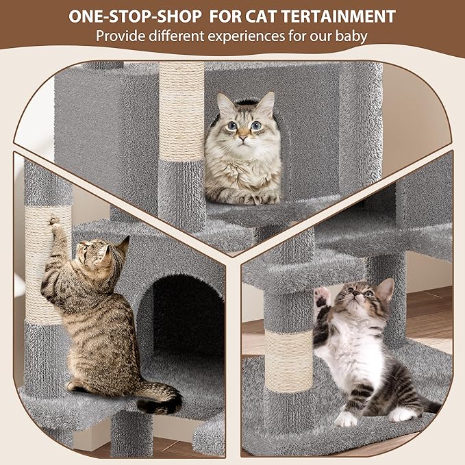 GarveeLife Cat Tree, Tall Cat Tower Condo for Indoor Large Cats, Cat House Furniture with Padded Plush Perch Sisal Scratching Posts
