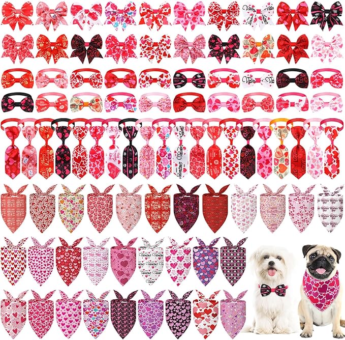 Reginary 120 Pcs Valentine's Day Dog Bandanas Bulk Dog Bows Set Bow Ties Cat Scarf Colorful Washable Triangle Pet Kerchief Cute Bib for Summer Small Medium Large Pets Grooming Accessories Costume