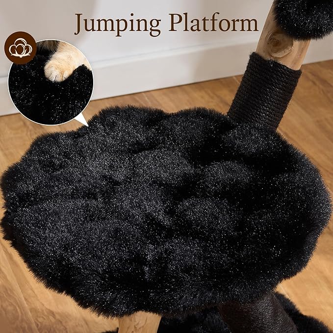 HITTITE Natural Solid Wood Cat Tree Tower with Scratching Post, 32 Inches Tall Modern Cat Tower with Cozy Bed and Platforms, Luxury Real Branch Cat Tree for Indoor Cats Large Adult, Black.