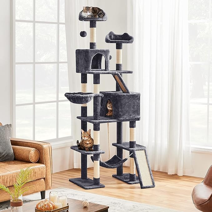 Topeakmart Cat Tree, 82.5in Climbing Tower with 2 Kitten-Ear-Style Top Perches, Hammock, Basket, Scratching Posts, Multilevel Pet Furniture Activity Center for Indoor Felines, Dark Gray