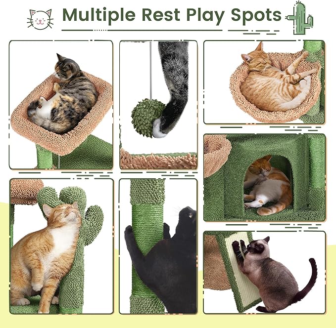 Topeakmart 42″ H Cactus Cat Tree,Cute Cat Tower w/Scratching Posts,Indoor Cats Furniture Pet Activity Center Play House w/Platform/Condo/Basket&Hanging Ball