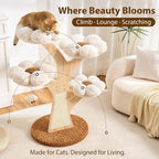Aesthetic Flower Cat Tree Tower with Scratching Post for Indoor Cats, 48" Modern Cat Tree with Wood Sculpted Branch, Flower Cat Beds, Scratching Board & Interactive Squeaky Toy, Creamy White
