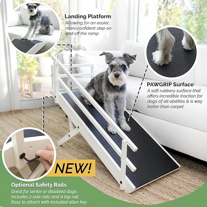 DoggoRamps Dog Ramp with Safety Rails - Adjustable from 14" to 21" with Anti-Slip PAWGRIP & Convenient Platform Top - for Small Dogs up to 150lbs - Made of Solid Hardwood in North America