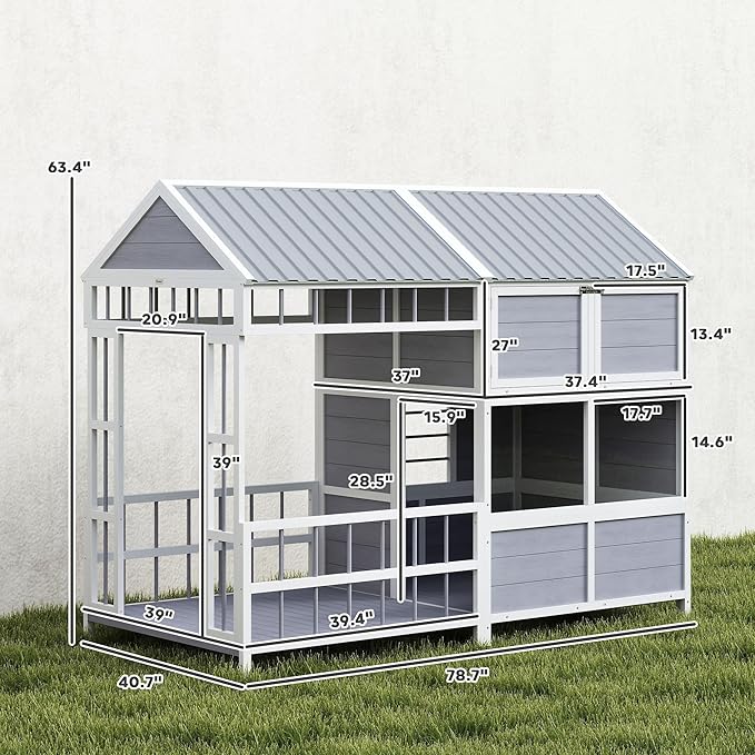 PawHut Dog House Outdoor Indoor, 79" x 41" x 63" Wooden Dog Shelter with Porch, Storage Cabinet, Weatherproof Roof, Elevated Floor, Air Vents & Observation Windows, Large Pet Shelter for Large Breeds