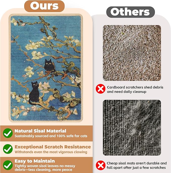 Sisal Cat Scratcher Mat, Cat Wall Scratcher for Indoor Cats, 23.6x15.7 Inch Cat Scratch Pad with Hook & Loop, Wall Mounted Cat Scratching Post to Protect Couch and Carpet（Almond Blossoms）