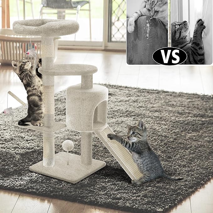 VOUNOT Cat Tree Tower, Cat Condo with Sisal Scratching Post, Multi Level Cat Climbing Frame Indoors, Cat Activity Tree, Beige, XL
