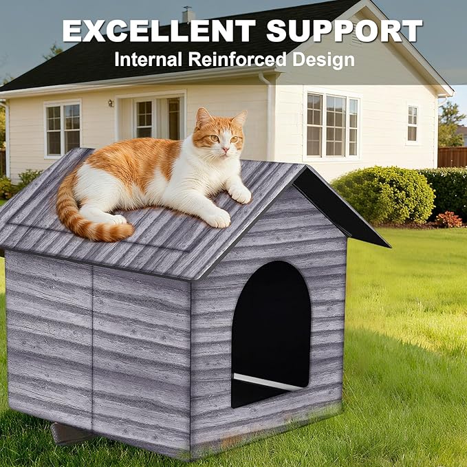 Outdoor Cat House Cat House for Outdoor and Indoor Use - Waterproof Shelter for Cats, Dogs, and Feral Animals (Grey Wood Color, Medium)