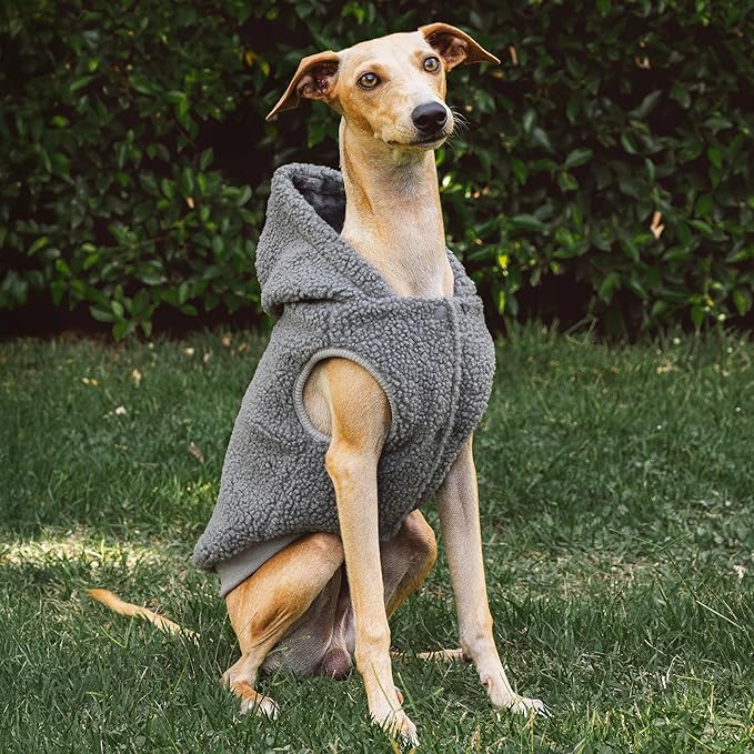 Tuff Pupper Fleece Dog Hoodie Sweater | Teddy Sherpa Outer & Soft Polar Fleece Lining | Adjustable Fit Winter Coat with Hood, Leash Hole, Ribbed Cuffs | for Small Medium Large XL XXL Dogs (Grey, XXS)