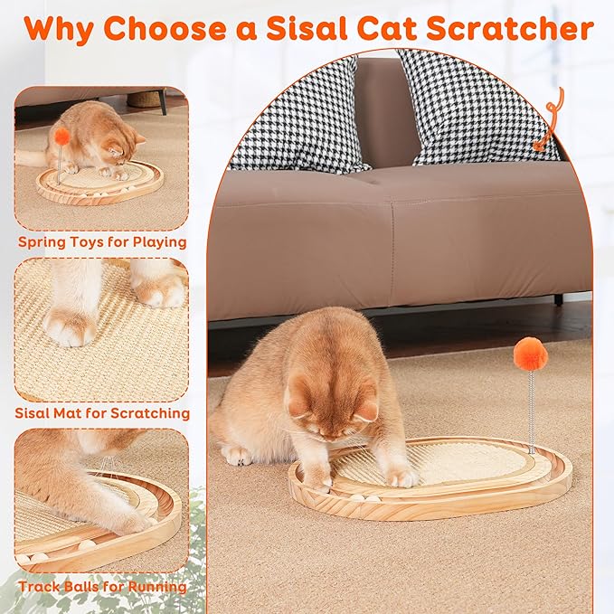 Cat Scratch Pad with Ball Track and Spring Toy, Wooden Cat Scratcher with Sisal Scratching Mat, Ball Track System and 3 Replacement Toy for Cats Scratching,Chasing and Playing (Nature Wood)