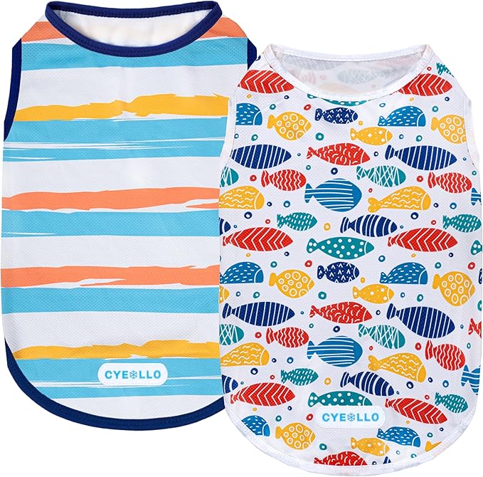 cyeollo 2pack Dog Cooling Shirt, Breathable Sleeveless Summer Clothes for Dogs, Intant Cool T Shirts for Small Dogs, Blue Fish S