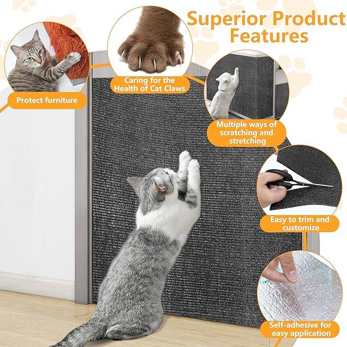 Cat Scratch Pad for Wall,Cuttable and Adhesive Cat Scratching Mat,Fun Interactive Scratcher,Cat Scratch Furniture Protector (Dark Gray,78.7×15.8inch)
