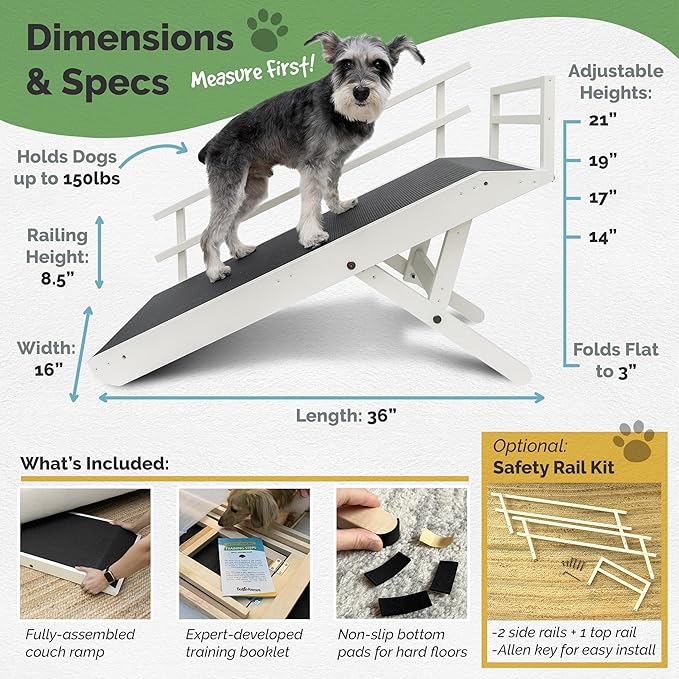 DoggoRamps Dog Ramp with Safety Rails - Adjustable from 14" to 21" with Anti-Slip PAWGRIP & Convenient Platform Top - for Small Dogs up to 150lbs - Made of Solid Hardwood in North America