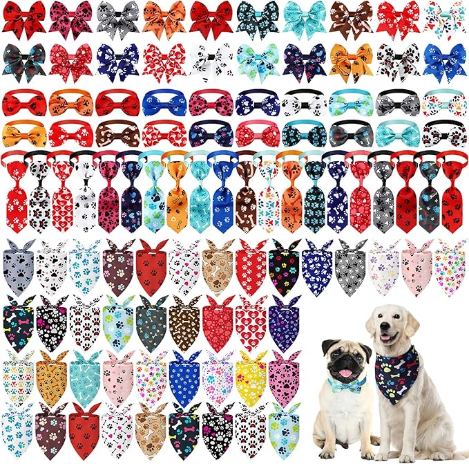 Reginary 120 Pcs Paw Print and Heart Dog Bandanas Bulk Dog Bows Set Bow Ties Cat Scarf Colorful Washable Triangle Pet Kerchief Cute Bib for Summer Small Medium Large Pets Grooming Accessories Costume
