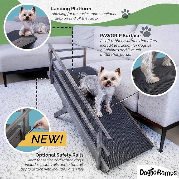 DoggoRamps Dog Ramp for Couch with Safety Rails - Adjustable from 14" to 21" with Anti-Slip PAWGRIP & Convenient Platform Top - for Small Dogs up to 150lbs - Made of Solid Hardwood in North America