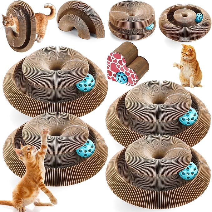 Soulchen 4 Pcs Magic Organ Cat Scratching Board, Combinable Cats Toy for Adult Pets, Interactive Cardboard Kitten Scratcher with Bell Ball, Durable Foldable Accordion Scratch Pad(Heart)