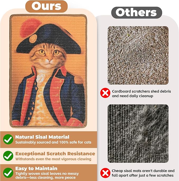 Sisal Cat Scratcher Mat, Cat Wall Scratcher for Indoor Cats, 23.6x15.7 Inch Cat Scratch Pad with Hook & Loop, Wall Mounted Cat Scratching Post to Protect Couch and Carpet（Royal Cat）
