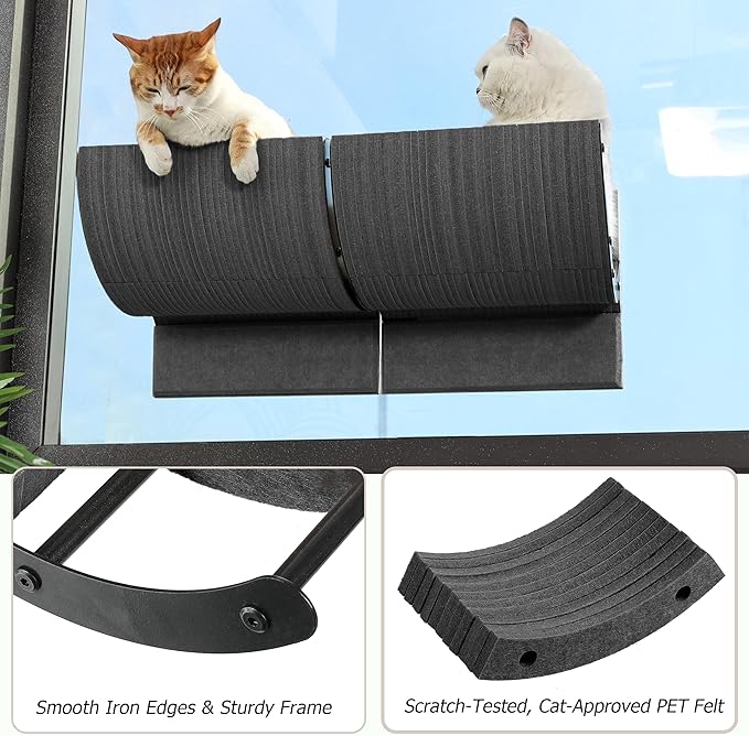 Cat Window Perch with Scratching Bed,Versatile Climbing Shelves Mounted by Strong Suction Cups, Solid Metal Frame and Anti-Slip Felt for Hide,Nap and Sunbath, Glass Protection Design(Grey)