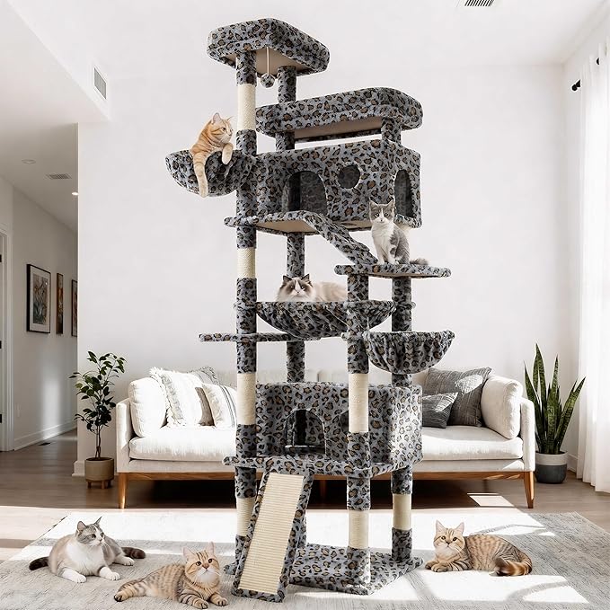 80 Inch Cat Tree, Large Cat Tower with 9 Scratching Posts, 2 Perches, 2 Caves, 2 Basket, 2 Stairs, Extra Large Hammock, Multi-Level Plush Cat Condo for Indoor Cats/Grey Leopard Print