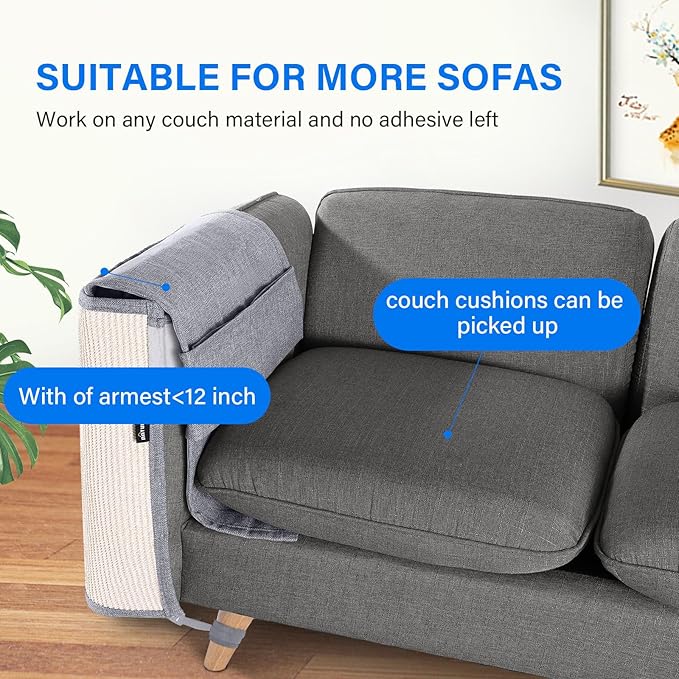 NATUYA Furniture Protectors from Cats - Couch Protector from Cat Claws with Sisal Scratching Pad Anti Cat Scratch Furniture Couch Sofa Corner (Light Gray, Right)